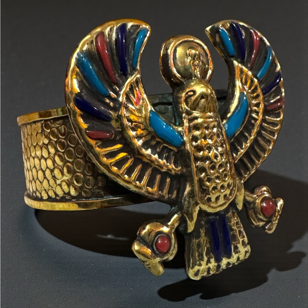 Pharaonic Horus Sky Deity Large Handmade Copper Cuff With Precious Stones. New.